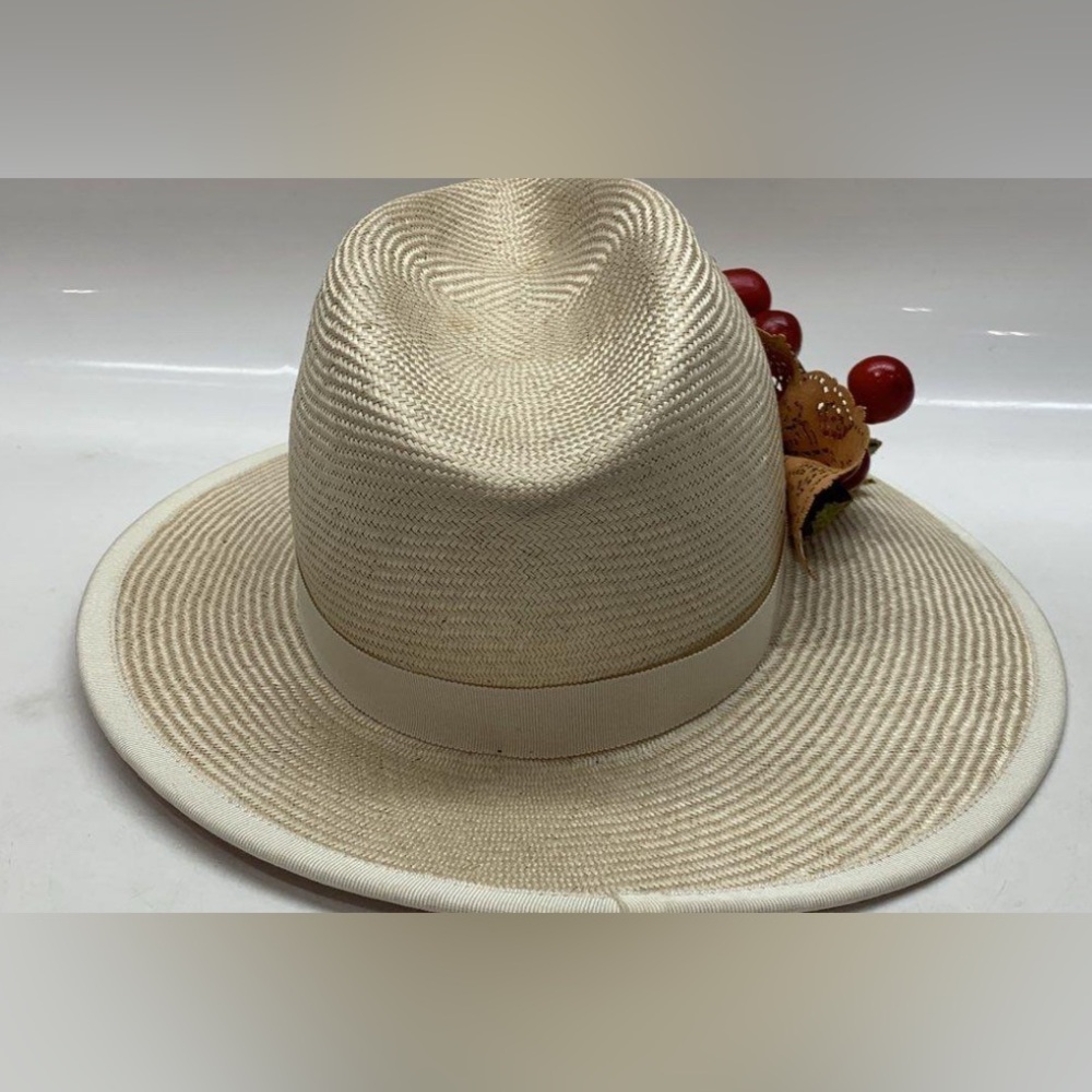 EUC Louise Green cream fedora cherry straw hat - Picture 13 of 16